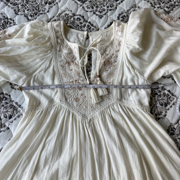 Anthropologie Cream and Brown Embroidered Bohemian balloon sleeve dress XS - Picture 8 of 17